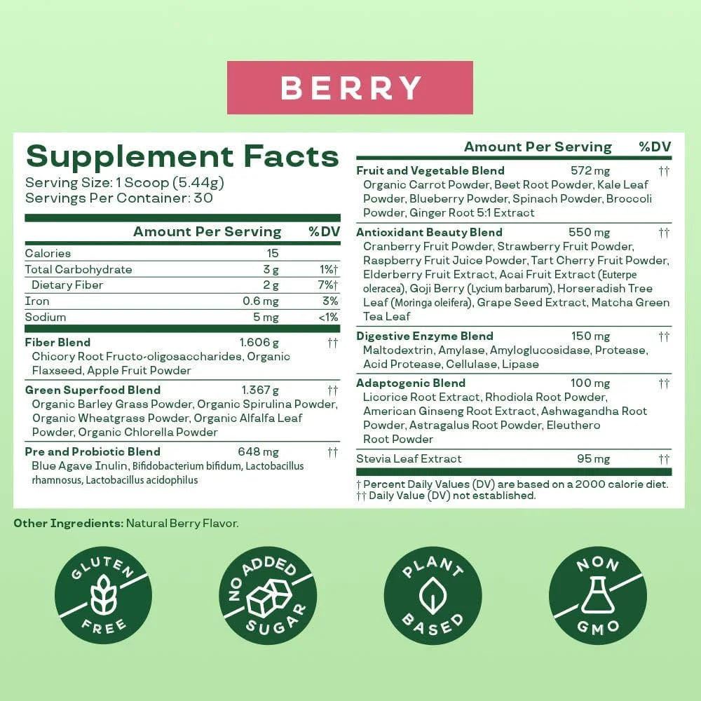 Greens & Superfoods Powder, for Digestive Health, Mixed Berry, 30 Servings